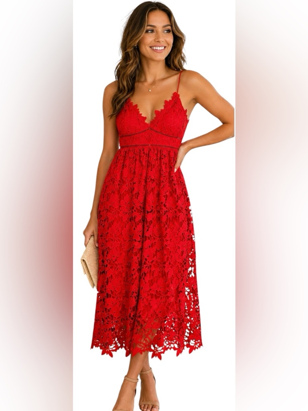 Bardot Red Lace Midi Dress Floral Cutout Strappy Romantic US 8/M